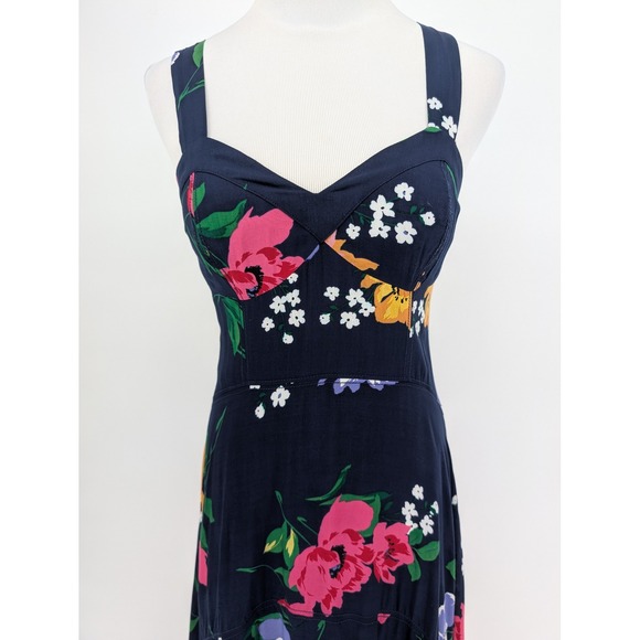 Maeve Vivienne Floral Midi Dress 2 Navy Blue Handkerchief Hem Cottagecore Boho - Picture 6 of 13
